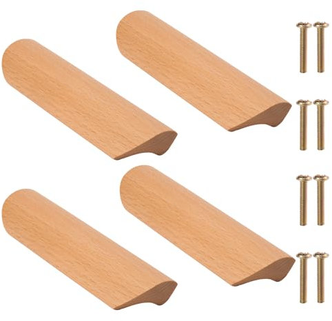 Tirador Madera 4Pcs Tiradores Madera de Muebles Tiradores para Cajones Armarios Cocina Madera para Muebles para Armarios, Cajones 96mm Distancia Entre Orificios (Haya)