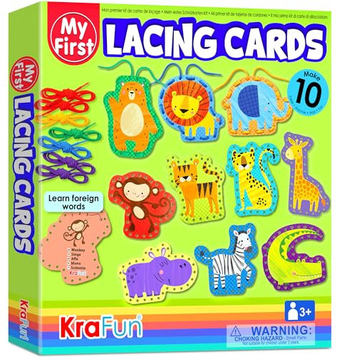 KRAFUN Safari-Tier-Schnürkarten-Set für Kinder ab 3 Jahren, 10 Anfänger-Projekte mit Löwe, Elefant, Tiger, Anleitung, Feinmotorik-Spielzeug