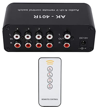 Kadimendium Audio Switch 1 In 4 Out DC 12V RCA Signal Selector Audio Splitter Audio Switcher Box with Remote Control For Computer Smartphone Audio System