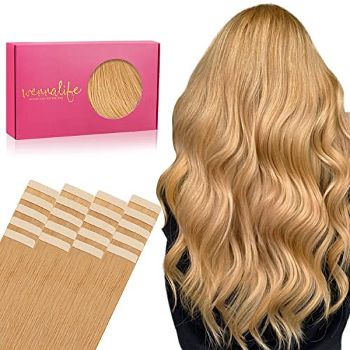WENNALIFE Extensions de cheveux adhésives Cheveux naturels 20 pièces 50g 40cm 16 pouces Blond fraise Extension de cheveux