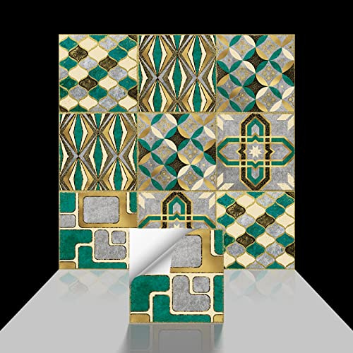 Autocollants de Carreaux muraux Géométrie verte Autocollant Carreau Ciment Mural Style Marocain Autocollants de Carreaux Adhesifs Étanche Sticker Carrelage pour Cuisine Salle de Bains Table Escalier