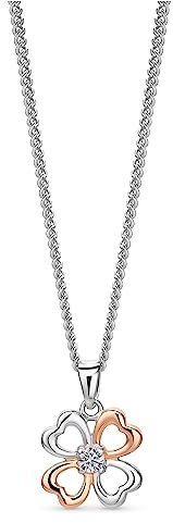 OROVI bijoux Femme, Argent sterling 925, Collier Trèfle, Pendentif Porte-bonheur en forme de Trèfle plaqué Or Rose, Pierre de Zircone Solitaire, Chaîne Gourmette de 46 cm