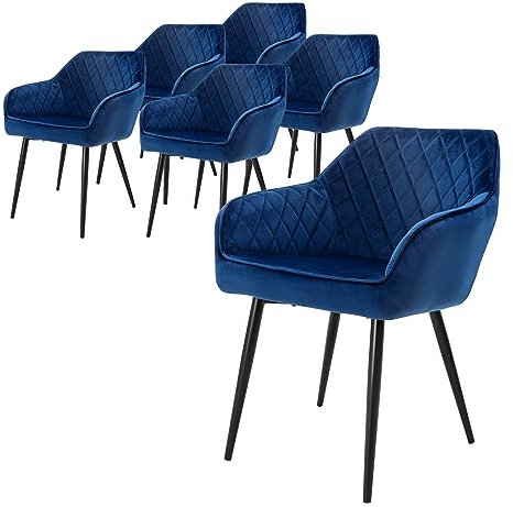 ML-Design 6er Set Esszimmerstühle mit Armlehne und Rückenlehne, Dunkelblau, Küchenstuhl mit Samtbezug, Polsterstuhl mit Metallbeinen, Ergonomischer Stuhl für Esstisch, Esszimmerstuhl Wohnzimmerstuhl