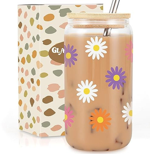 GSPY Daisy Aesthetic Gifts, Iced Coffee Cup, Cute Glass Cups with Lids and Straws -Cute Mugs, Flower Mug, Glass Tumbler - Valentines Day, Birthday Gifts for Women, Coffee Lovers, Friends, Girls