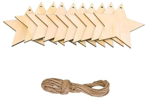 10 ornamenti in legno – palline e fette con cordoncini per decorazioni per albero di Natale e Capodanno, stelle