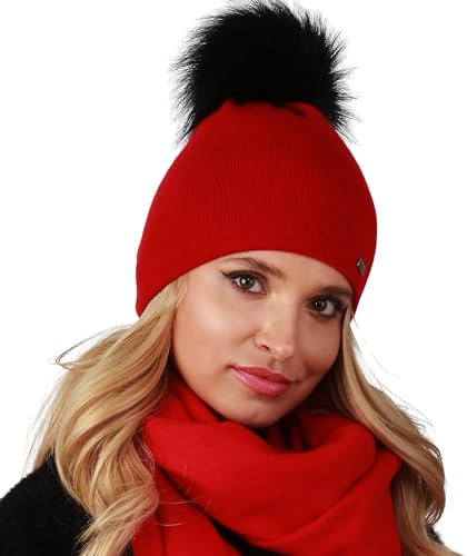 Alur Mütze Damen Beanie Wintermütze Strickmütze mit Bommel - Warme Elastisch Elegant Winter Mütze EKO Bommelmütze - Weiches Garn Stilvoll Universell Warm (Rot)
