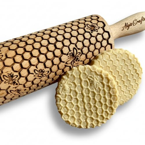 Nudelholz BIENENSTOCK. Teigroller für Hausgemachtes Gebäck und Keramik. Gravierte Nudelholz mit Muster von Algis Crafts