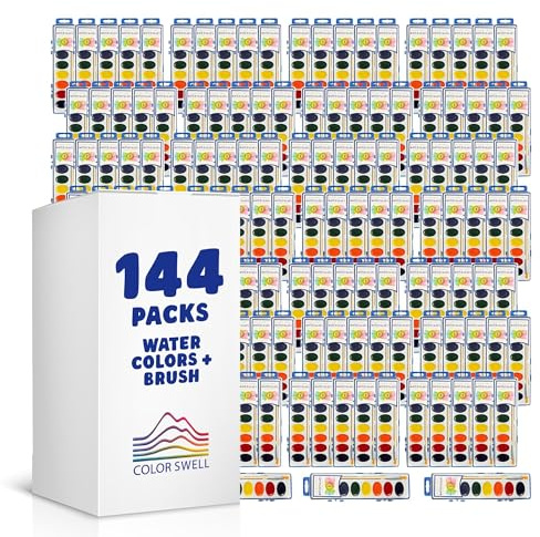 Color Swell 8 Color Bulk Watercolors with Wood Brushes, 144 Pack