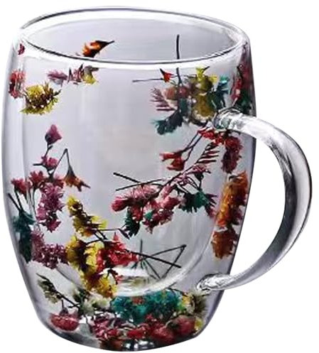 Double Walled Glass Mugs Cute Coffee Mugs Flower Tea Cup 350ml Glass Coffee Mugs Clear Dried Flowers Coffee Cups with Anti-Scald Handle Glass Cups for Hot Drinks, Tea, Milk Type 2