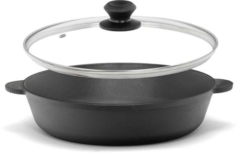 Padella in ghisa, diametro 26 cm, con coperchio in vetro, in ghisa, per cottura a due manici, per tutti i piani cottura, falò, forno, barbecue a gas