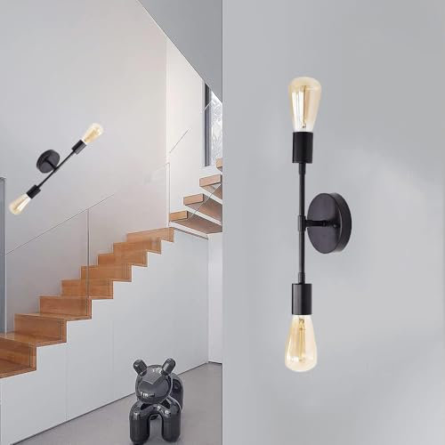 Mengjay Wandleuchte Innen Vintage, 2 Flammig Wandlampe Innen Modern Wandbeleuchtung Retro FüR Schlafzimmer Wohnzimmer Esszimmer Treppenhaus KüChen Flur, Badezimmer Schminklicht, E27 (Schwarz)