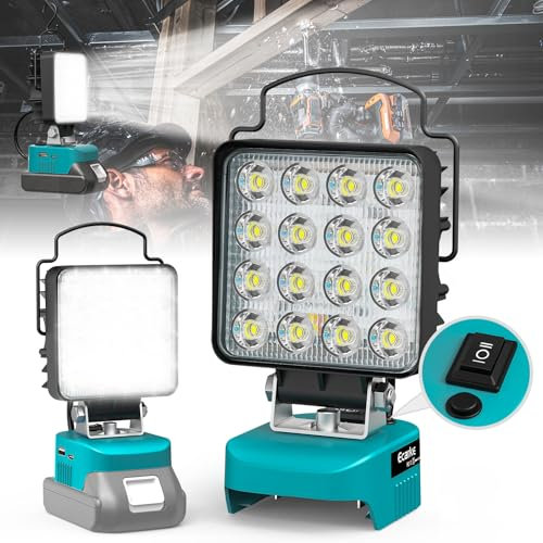 Ecarke Lampe LED sans Fil pour Makita 18V - 48W/4800lm, Rechargeable avec Ports Type C et USB, Projecteur Portable Idéal pour Garage, Chantier, Camping (Sans Batterie)