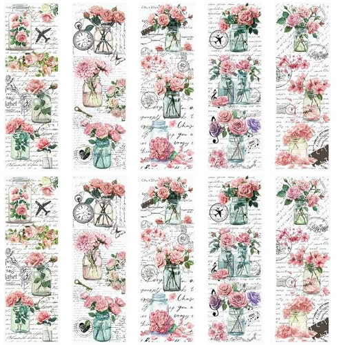 WANDIC 10 Blatt Transfer-Aufkleber, rosa Blumen-Aufkleber für Bastelarbeiten, Scrapbooking, Fotoalben, Möbel, 30 x 9,9 cm