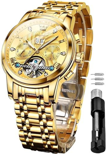 OLEVS Herrenuhren Automatik Skelett Mechanische Goldene Kleid Armbanduhr mit Diamant Tourbillon Tag Datum Wasserdicht Leuchtende Zweifarbige Uhr