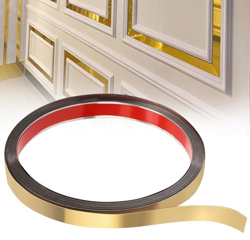 KITERI Gold Molding Wall Trim, 1cm Stainless Steel Self-Adhesive Gold Trim Metalized Molding Trim Gold Mirror-Like Design Trim Metal Wall Edging Strip Trim for Door Furniture Wardrobe, 16.4ft
