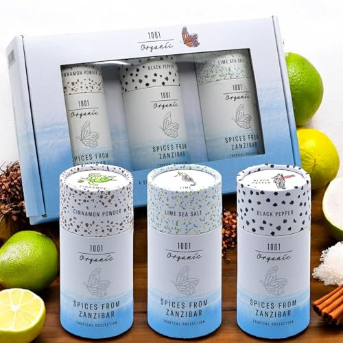1001 Organic Geschenkset, Gewürze aus Sansibar 160 g, Schwarzer Pfeffer Zimtpulver Limetten Meersalz, Gewürze Spices, Gewürzmischung, Gewürz-Geschenk, Gewürzset, Gewürzbox