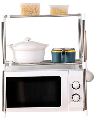 HoveeLuty 2 Tier Expandable Stainless Steel Microwave Stand Countertop with Hook Heavy Duty Multipurpose Microwave Oven Rack