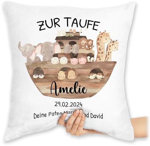 Kissen 40x40 Zierkissen - Zur Taufe Arche Noah personalisiert | Taufgeschenk | - 40 x 40 cm - Weiß - taufkissen konfirmation Taufe￼ Cushion taufgeschenke Kommunion personalisiertes