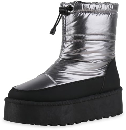 VAN HILL Damen Winter Boots Plateau Gesteppt Bequem Schuhe 216528 Grau Metallic 41