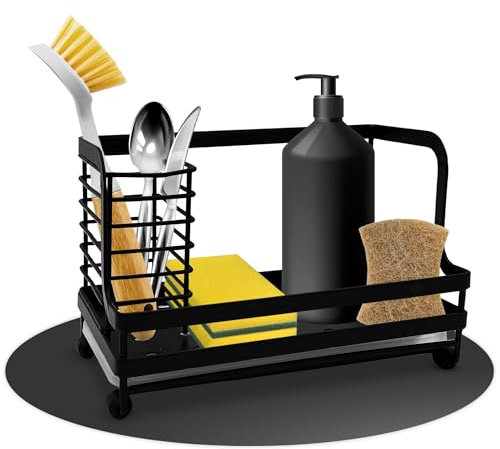 AZW Spülbecken Organizer aus rostfreiem Kohlenstoffstahl – Küchenorganizer mit Abtropfschale, rutschfest – Halter für Spülmittel, Schwämme & Bürsten – platzsparend & pflegeleicht