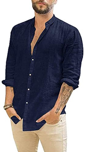 Rodawu Mens Shirts Long Sleeve Cotton Linen Shirts Casual Summer Shirts Lightweight Beach Tops Fashion Navy Blue Shirt M