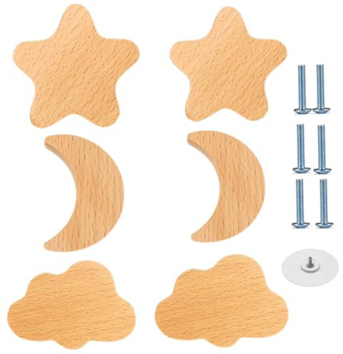 Yeandshi Schrankgriffe aus Holz für Kinderzimmer, 6-teilige Möbelgriffe, Sterne, Mond, Wolken, Schrankgriffe mit Schrauben, Möbelgriffe aus Holz.