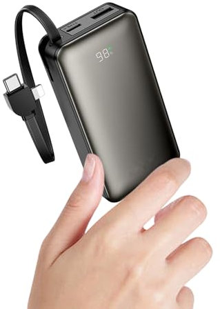 Batterie Externe 10000mAh Mini - Charge Rapide 22.5W PD/QC3.0 avec Câble USB-C Intégré - Ultra Mince & Léger - Compatible iPhone 16/15/14/13/12 Pro, Google Pixel - pour Voyage/Randonnée (Noir)