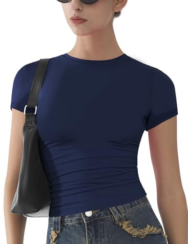 Womens Basic Short Sleeve Slim Fit T Shirts Soft Crewneck Crop Y2k Tees Summer Stretchy Cute Tops Navy Blue L