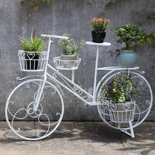 Pflanzenständer Metall, Blumentreppe Fahrrad Form Blumentopf Ständer, Blumenregal mit 4 Körben, Blumenständer mit dekorativen Rädern, für Terrasse, Garten, Balkon(White)
