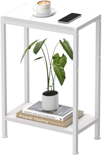 Narrow Side Table for Small Space, 2-Tier Slim End Table, Thin Nightstand, Skinny Snack Couch Table, Sofa Bedside Table, Tall Plant Stand in Living Room, Bedroom, Study, Kitchen and Balcony (White)
