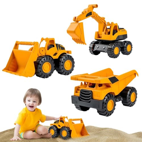 JIIENO 3 Stück Sandspielzeug Bagger Sandkasten,Verwendung Kipplaster Bagger Strandspielzeug Auto,Reifen aus Softmaterial,Spielstabil Sandspielzeug ab 1-5 Jahr Mädchen Junge Sommerspielzeug