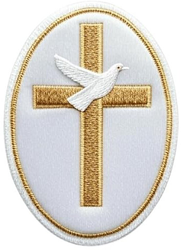 Goldenes Kreuz mit Taube, schönes weißes Samt-Emblem, bestickt, zum Aufbügeln oder Aufnähen, 8,9 cm, Vatikan, katholische Kirche, Souvenir, Geschenk