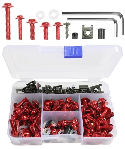 Xibao 177PCS Kit Visserie Moto,Kit de Boulons de Carénage de Motos,Boulons de Carénage En Aluminium,Ensemble de Capots de vis de Moto,Convient à la Plupart des Motos,Sports Motorisés (Rouge)