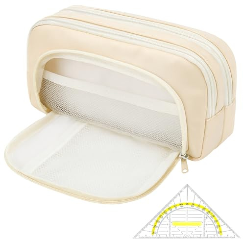 CAIXIANGYU 3-Fach Federmäppchen Groß mit Geodreieck – XXL Volumen Oxfordstoff (21x7cm) für Schule Studium Büro, Profi-Organizer mit Netzfach & Stiftschlaufen,Jungen、Mädchen、Erwachsene (Beige)