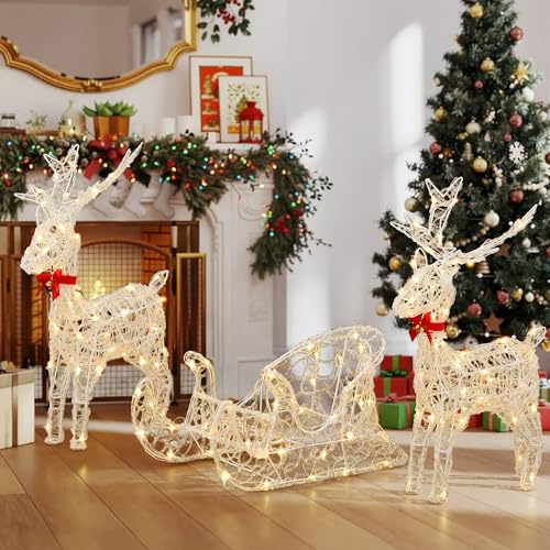 YITAHOME Renna a LED, 3 pezzi, decorazione natalizia illuminata con 2 cervi e slitta, 150 LED RGB e telecomando radio, cervo natalizio con corna staccabile e collo