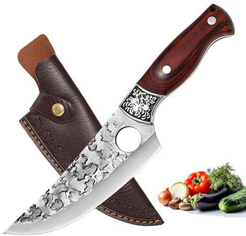 Doklasu Japanese Chef Knife 6 inch Boning Knife Hand Forged Kitchen Knives Full Tang High Carbon Stainless Steel 5Cr15MoV Cooking Knife with Red Coloured Wooden Handle and Sheath