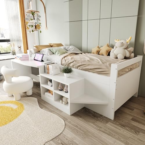 Merax Kinderbett 90x200 cm, mit Staufächern, Schreibtisch mit Steckdosen, multifunktionales Holzbett für Kinderzimmer, Einzelbett, Weiß (ohne Matratze)