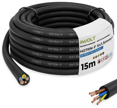 INVOLT Cavo di prolunga CEE, 15 m, H07RN-F 5G1,5 mm², cavo flessibile in gomma con conduttore di protezione, per esterni, cantieri, certificato VDE