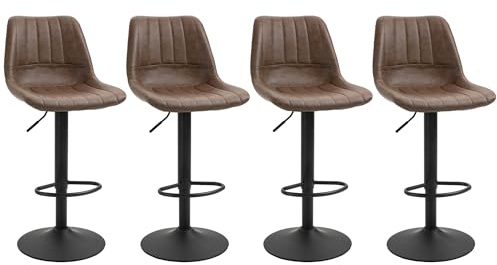 HOMCOM 4er Set Barhocker, 91-111 cm Höhenverstellbarer Küchenhocker, Barstuhl, Bistrohocker mit Fußring, Tresenhocker für Esszimmer, Kunstleder, Stahl, Braun