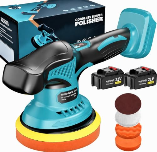 Yofuly Battery Car Polisher 6 Inches, 8 Levels Orbital Polisher Set with 2 x 2000 mAh Batteries, Eccentric Polishing Machine Suitable for Makita 18 V Battery System, for Car Detailing