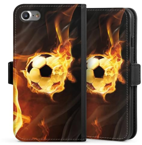 Klapphülle kompatibel mit Apple iPhone 8 Handyhülle aus Kunst Leder schwarz Flip Case Fußball Feuer Ball