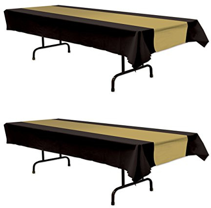 Beistle Plastic Awards Night Schwarz und Gold Tischdecken, 2 Stück, glitzernde Silvester Party Supplies Geburtstag/Abschluss, rechteckige Einweg-Tischdecken, 137, 2 x 274, 3 cm