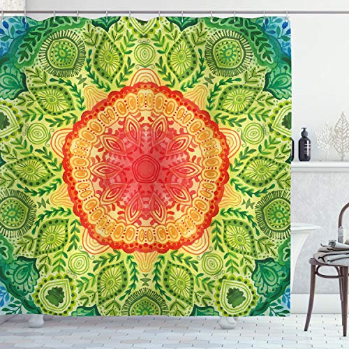 ABAKUHAUS Ethnisch Duschvorhang, Lace Mandala Hippie-Art, Stoffliches Gewebe Badezimmerdekorationsset mit Haken, 175 x 200 cm, Gelb Grün Blau