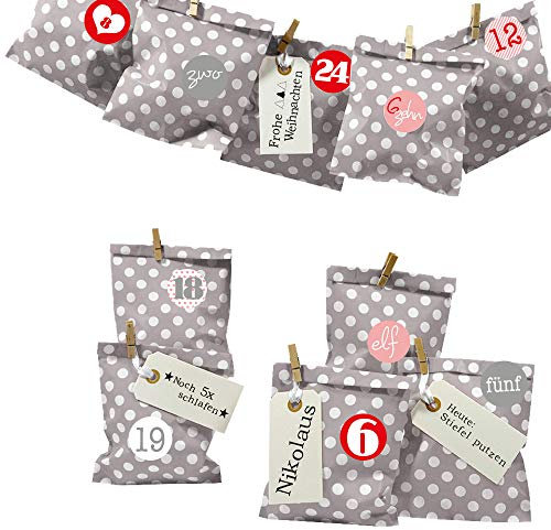 Frau WUNDERVoll® DIY Adventskalender zum Befüllen Bescherung: Set Punkt 157, Papiertueten flach 13x16,5cm, Taupe Punkt, Ziffern rosa-rot