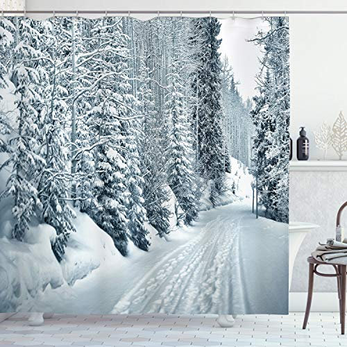 ABAKUHAUS Winter Duschvorhang, Ski Theme Snowy-Straße, Stoffliches Gewebe Badezimmerdekorationsset mit Haken, 175 x 180 cm, Weiß Schwarz