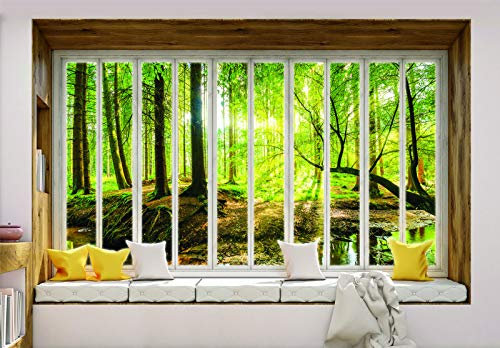 Forwall Fototapete Vlies Wanddeko Fenster Ausblick - Moderne Wanddekoration Fensterblick 3D Landschaft 10650V4 254cm x 184cm