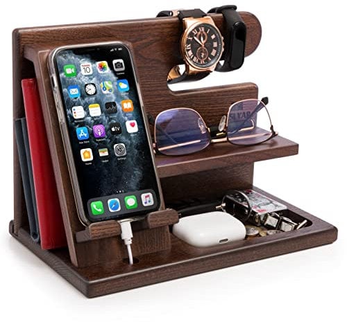 Teslyar Gifts for Men Wood Phone Docking Station Key Holder Wallet Stand Desk Organizer Fathers gifts Xmas gift Anniversary Dad Birthday Present for Men Gifts for Dad Men's Nightstand