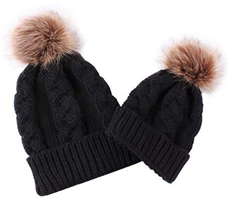 Yudanny 2pcs Genitore-Figlio Inverno Caldo Lavorato a Maglia Cappello Madre Bambino Bambino Lavorato a Maglia Cappello di Corrispondenza Famiglia Cappello Lavorato a Maglia Uncinetto Beanie Cappello,
