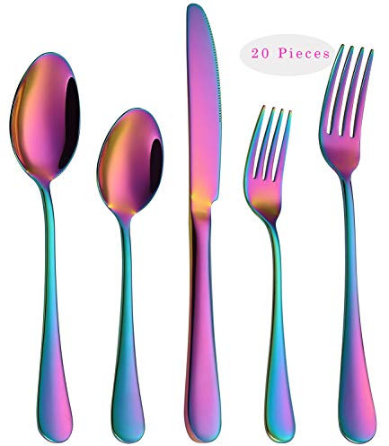 Juego de cubiertos Rainbow cubertería 20 piezas, utensilios coloridos de acero inoxidable, juego de vajilla para 4