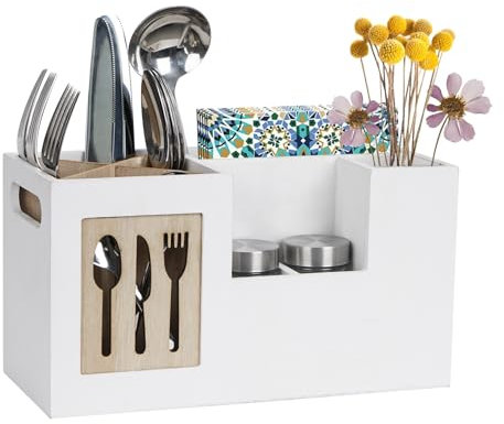 JUJOYBD Cutlery Container for Table, Cutlery Holder, Wood, 8 Compartments, Cutlery Basket for Cutlery, Sauces, Napkins, Spices, Kitchen Organiser, Table Butler for Kitchen, Gastro, White
